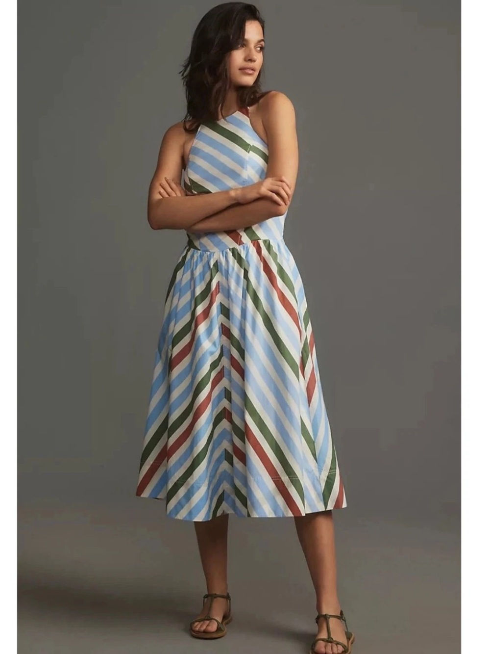 Anthropologie Maeve Halter Midi Sundress Sz S Neutral Striped Motif Garden Party